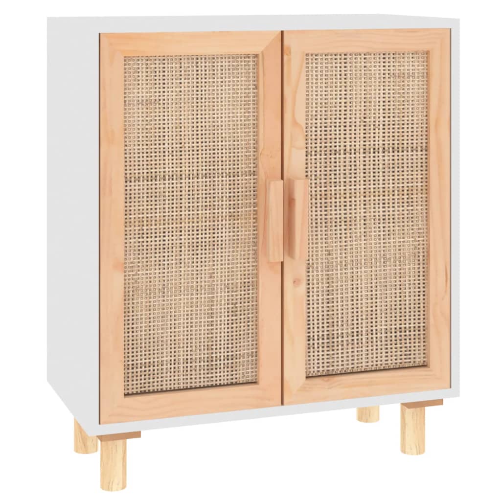 fehér tömör fenyő/természetes rattan tálalószekrény 60x30x70 cm
