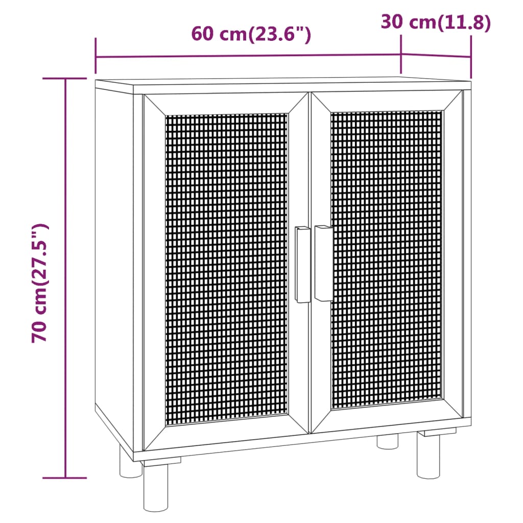 fehér tömör fenyő/természetes rattan tálalószekrény 60x30x70 cm