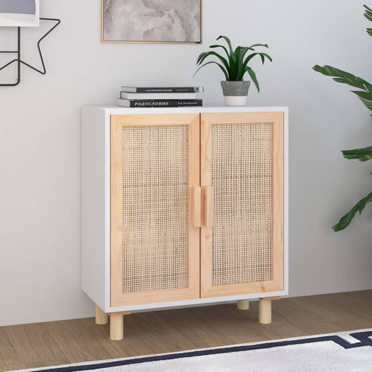 fehér tömör fenyő/természetes rattan tálalószekrény 60x30x70 cm