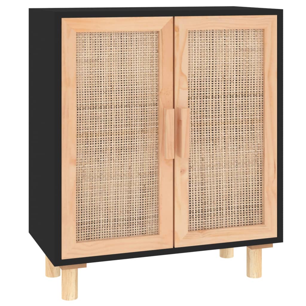 fekete tömör fenyő/természetes rattan tálalószekrény 60x30x70cm