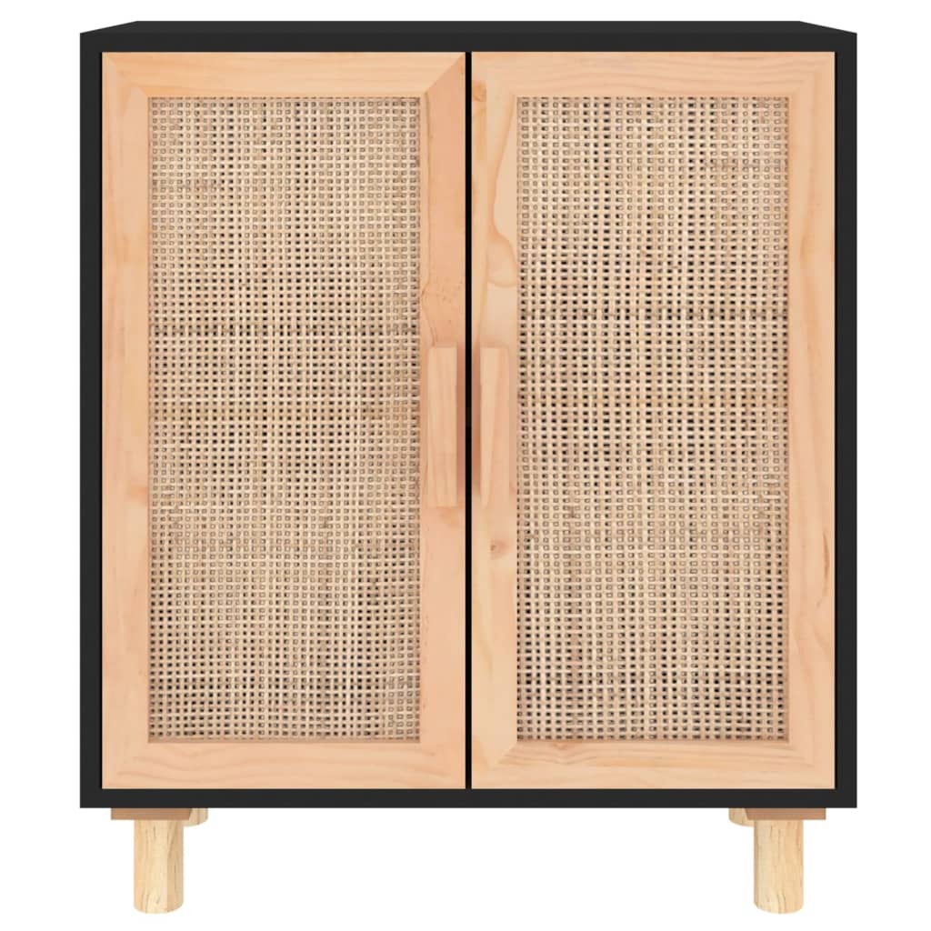 fekete tömör fenyő/természetes rattan tálalószekrény 60x30x70cm