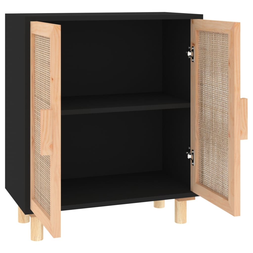 fekete tömör fenyő/természetes rattan tálalószekrény 60x30x70cm