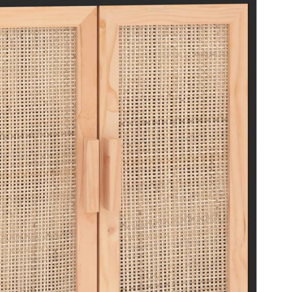 fekete tömör fenyő/természetes rattan tálalószekrény 60x30x70cm