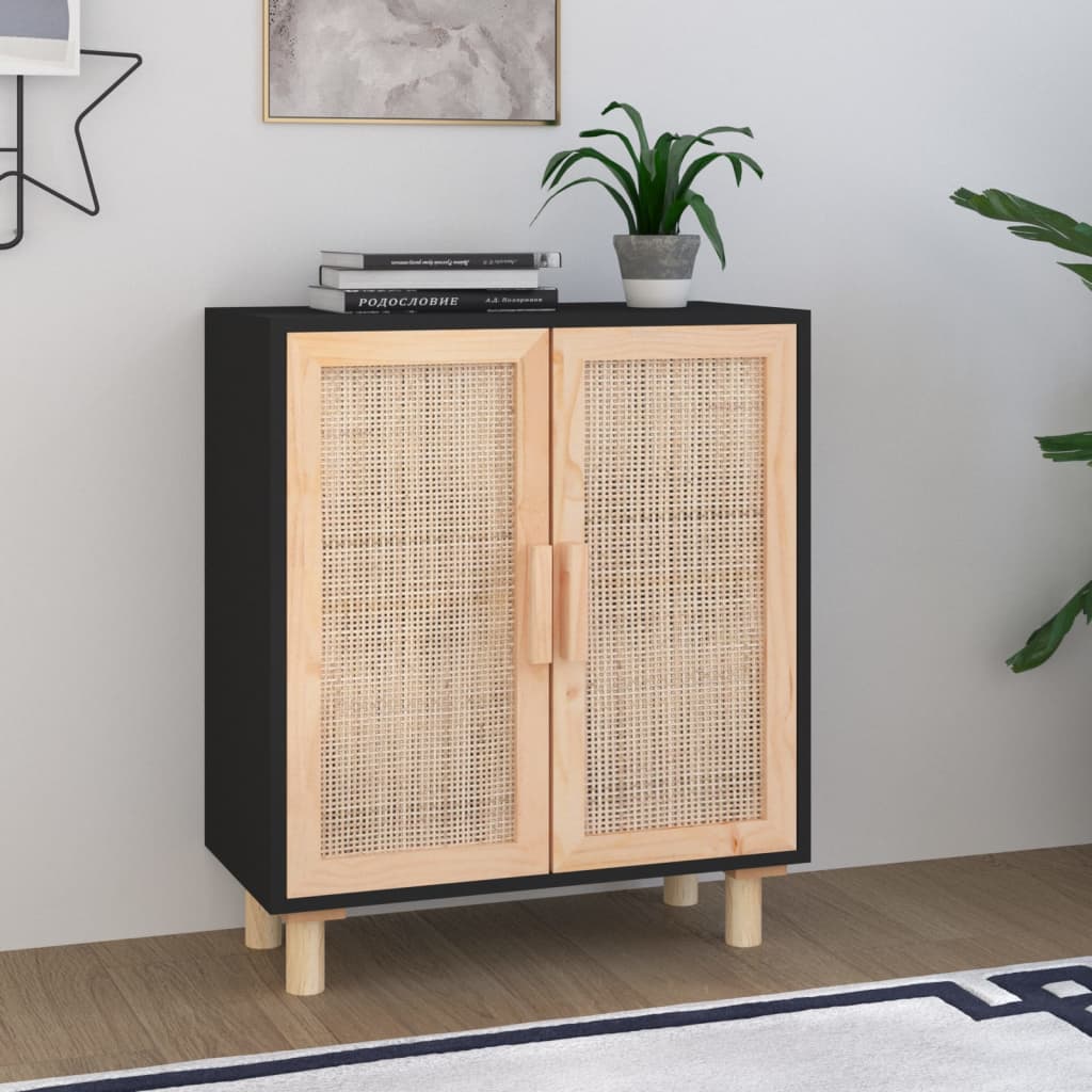 fekete tömör fenyő/természetes rattan tálalószekrény 60x30x70cm