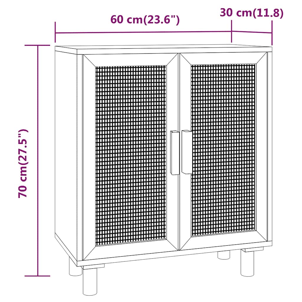 barna tömör fenyő/természetes rattan tálalószekrény 60x30x70cm