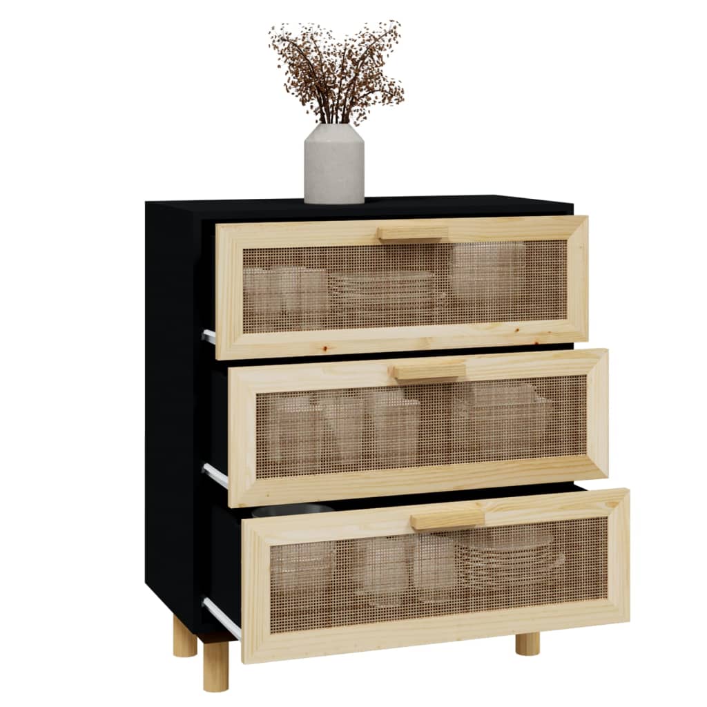 fekete tömör fenyő/természetes rattan tálalószekrény 60x30x70cm