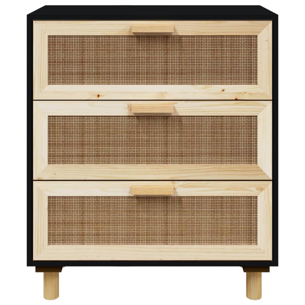 fekete tömör fenyő/természetes rattan tálalószekrény 60x30x70cm