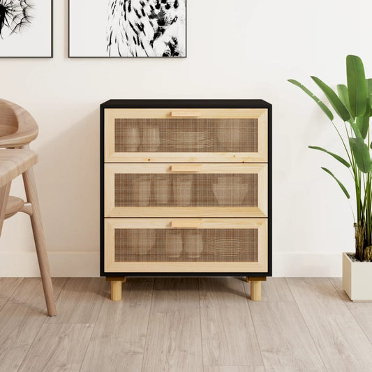 fekete tömör fenyő/természetes rattan tálalószekrény 60x30x70cm