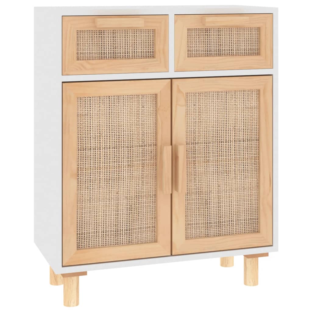 fehér tömör fenyő/természetes rattan tálalószekrény 60x30x75 cm