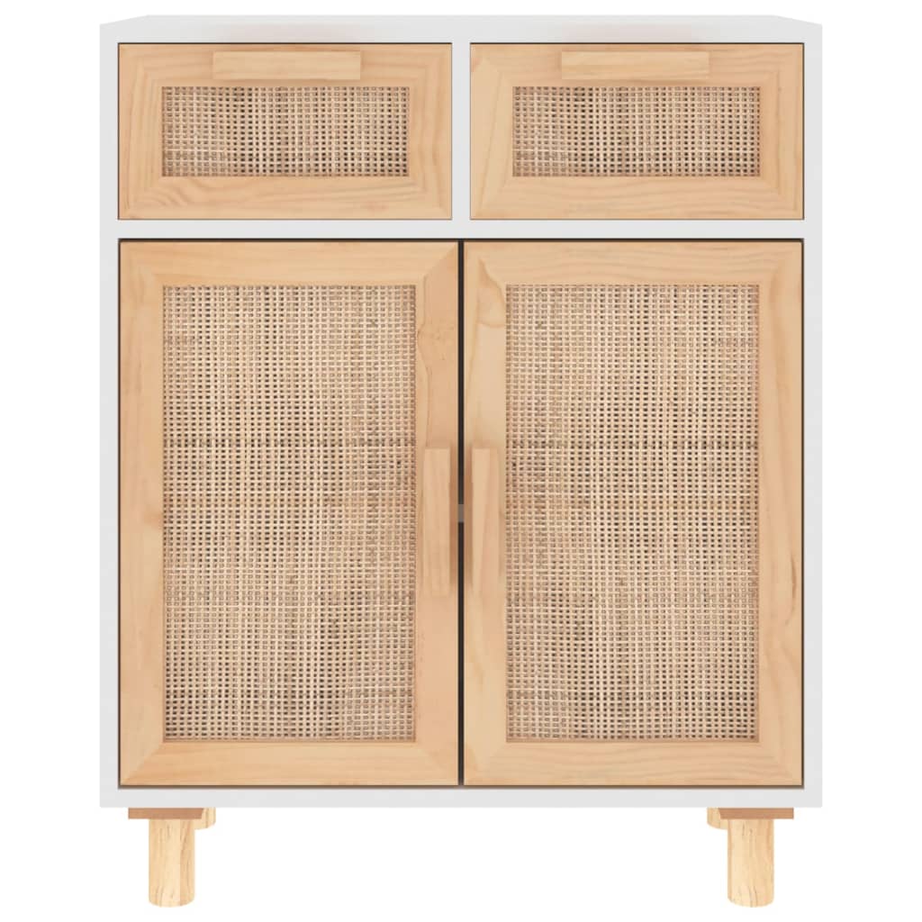 fehér tömör fenyő/természetes rattan tálalószekrény 60x30x75 cm