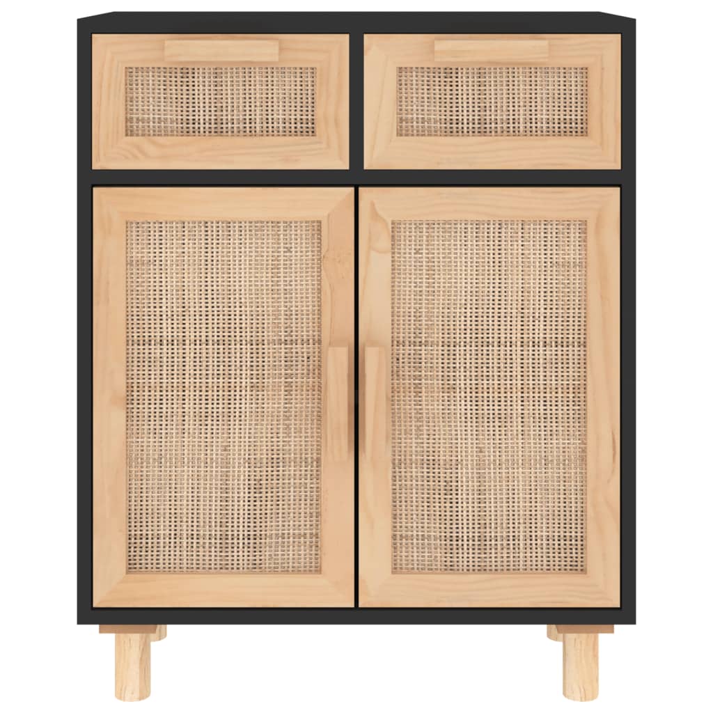 fekete tömör fenyő/természetes rattan tálalószekrény 60x30x75cm