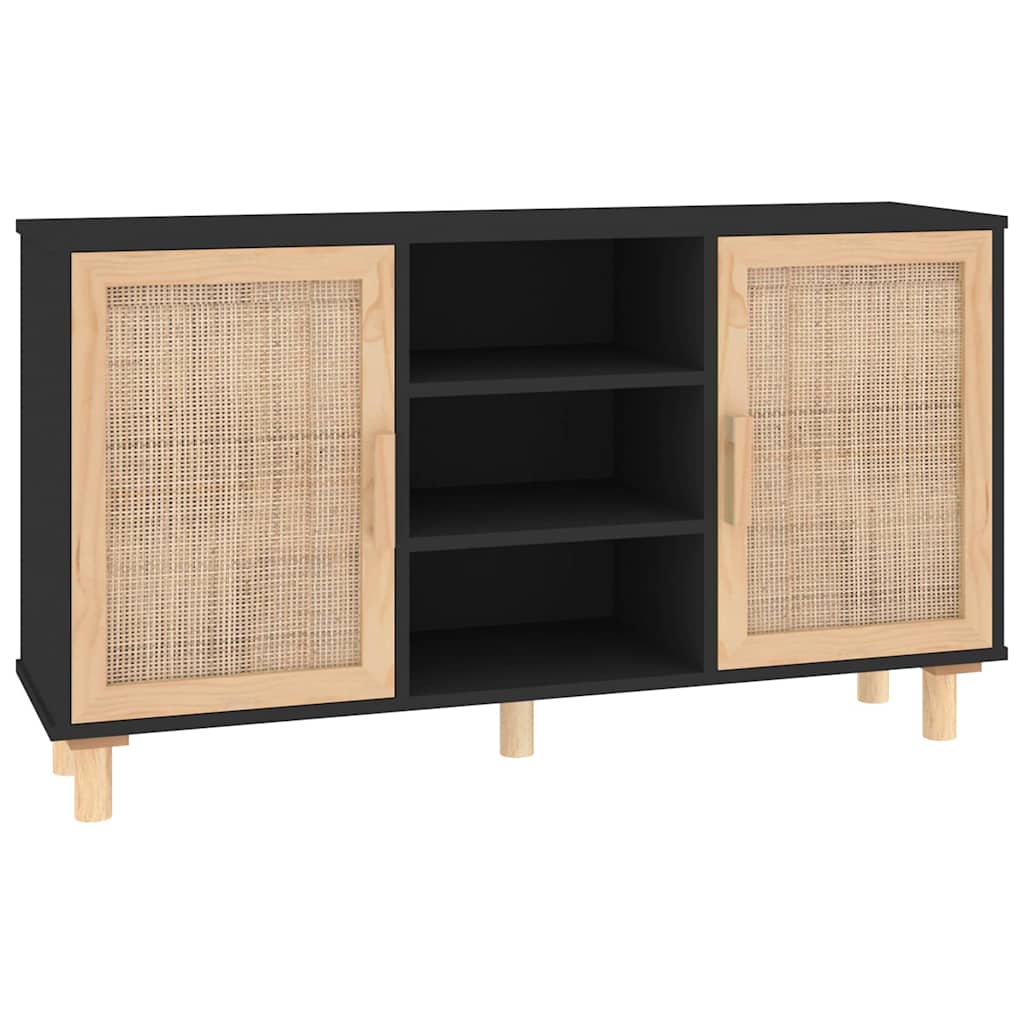 fekete fenyő/természetes rattan tálalószekrény 105 x 30 x 60 cm