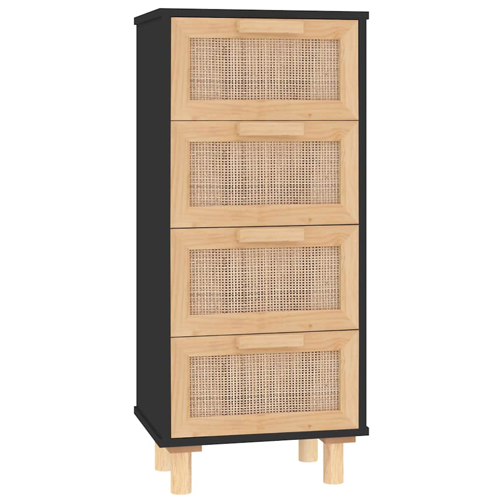 fekete tömör fenyő/természetes rattan tálalószekrény 40x30x90cm