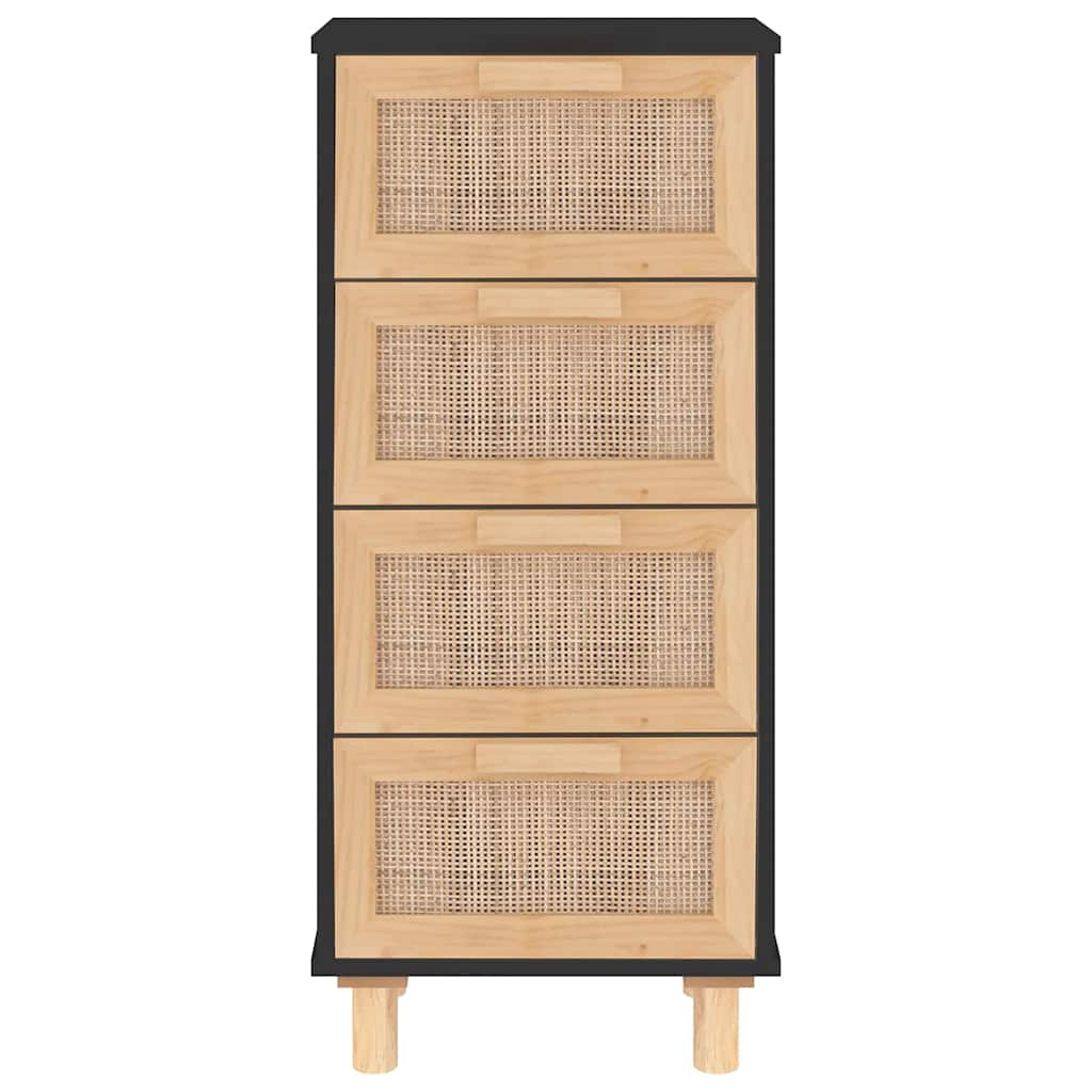 fekete tömör fenyő/természetes rattan tálalószekrény 40x30x90cm