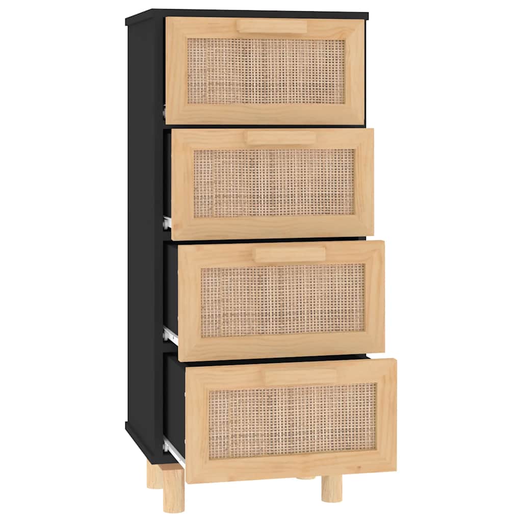 fekete tömör fenyő/természetes rattan tálalószekrény 40x30x90cm