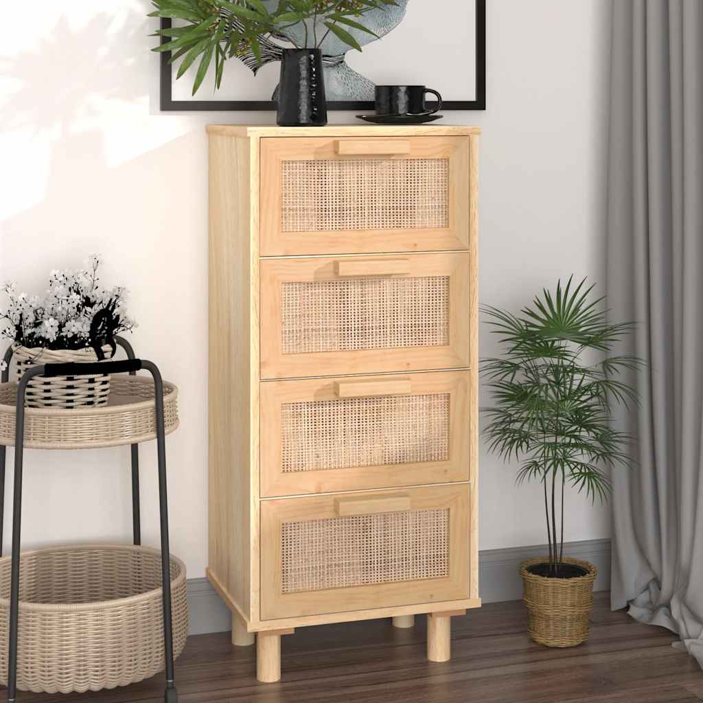 barna tömör fenyő/természetes rattan tálalószekrény 40x30x90 cm