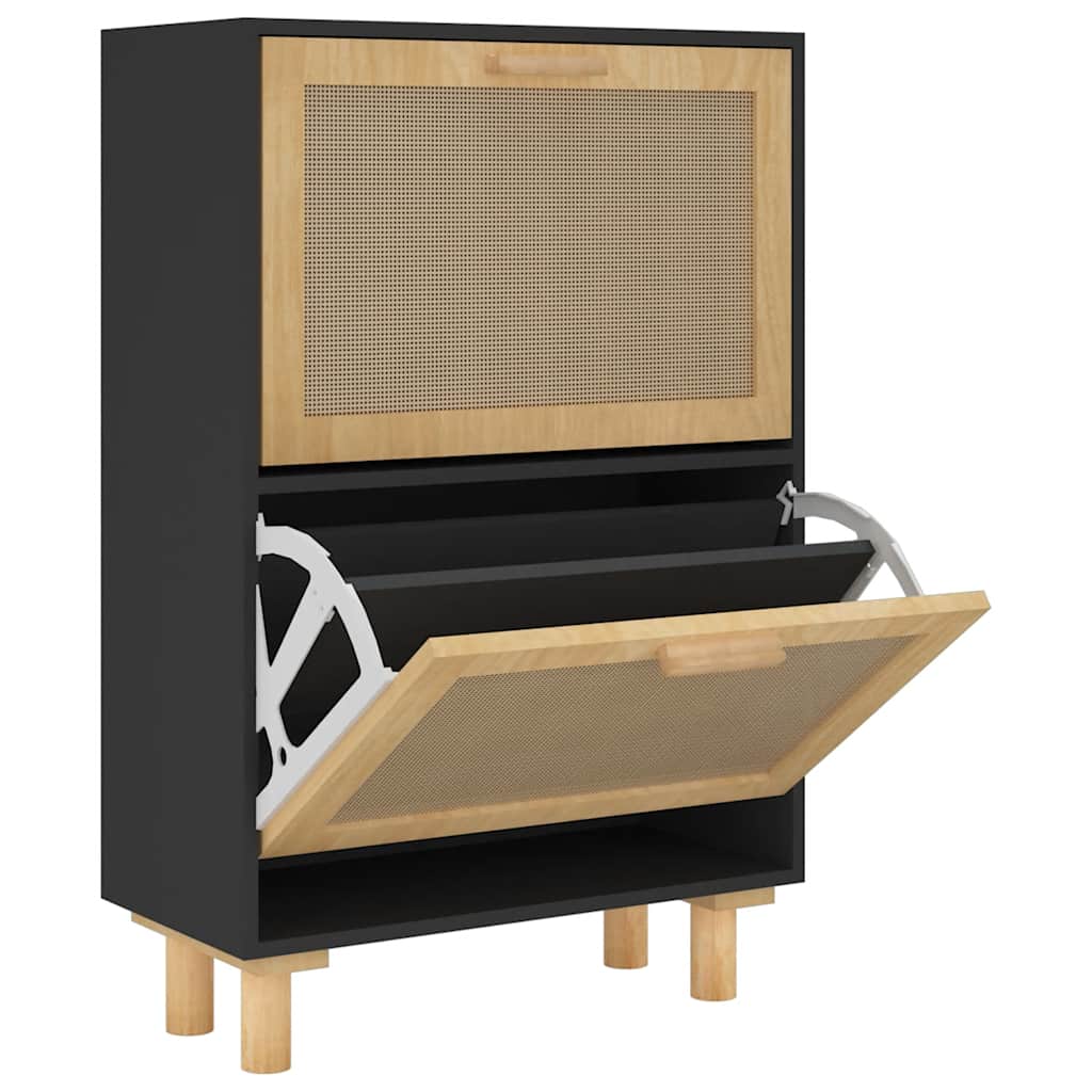 fekete szerelt fa és természetes rattan cipőszekrény 52x25x80cm