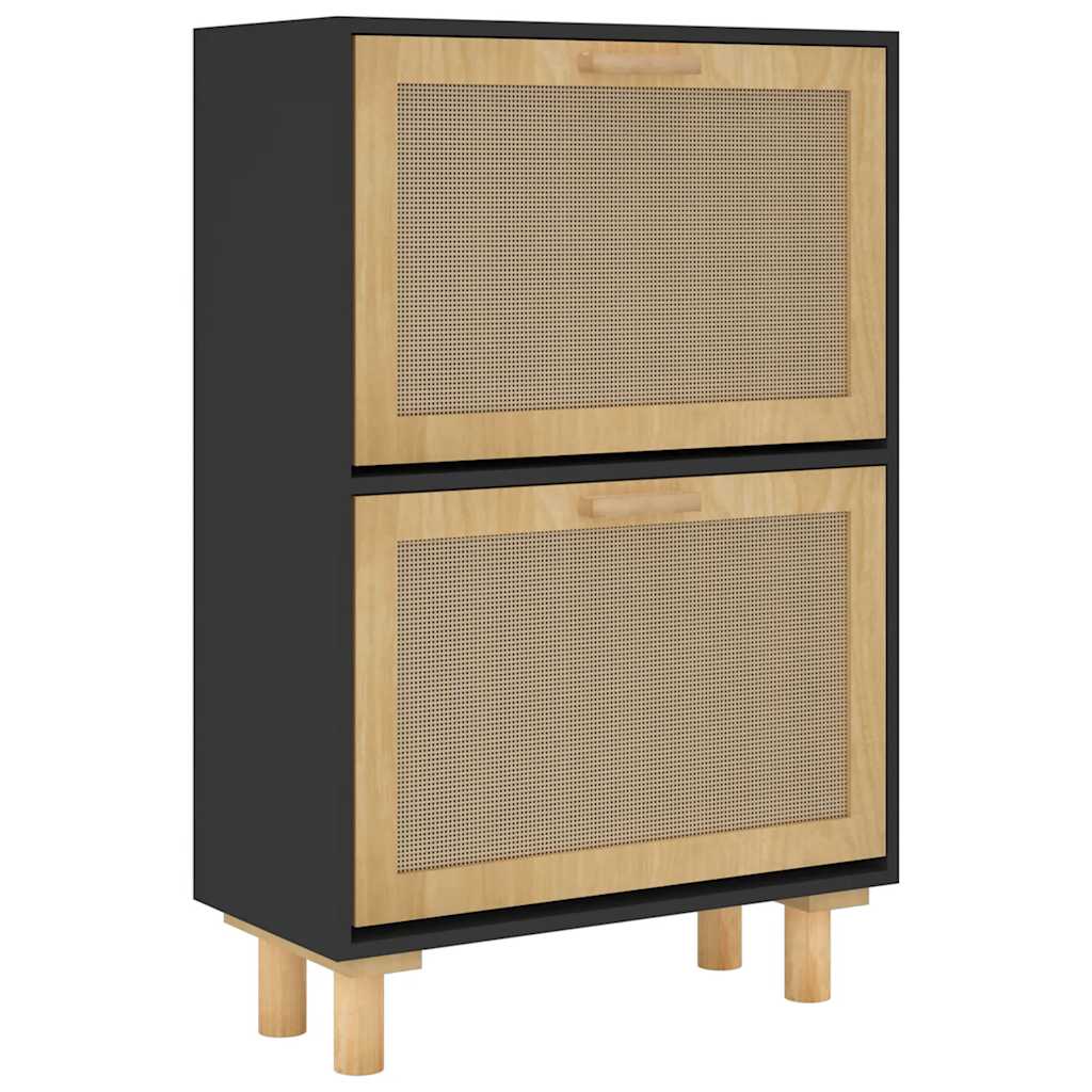 fekete szerelt fa és természetes rattan cipőszekrény 52x25x80cm