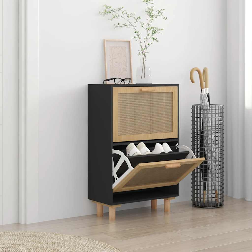 fekete szerelt fa és természetes rattan cipőszekrény 52x25x80cm