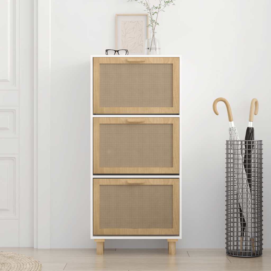 fehér szerelt fa és természetes rattan cipőszekrény 52x25x115cm