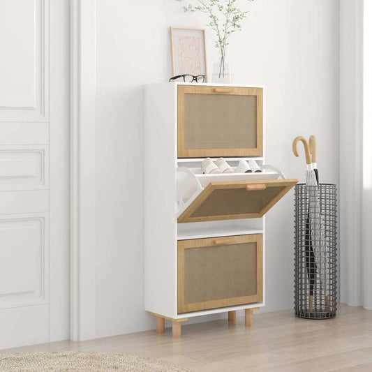 fehér szerelt fa és természetes rattan cipőszekrény 52x25x115cm