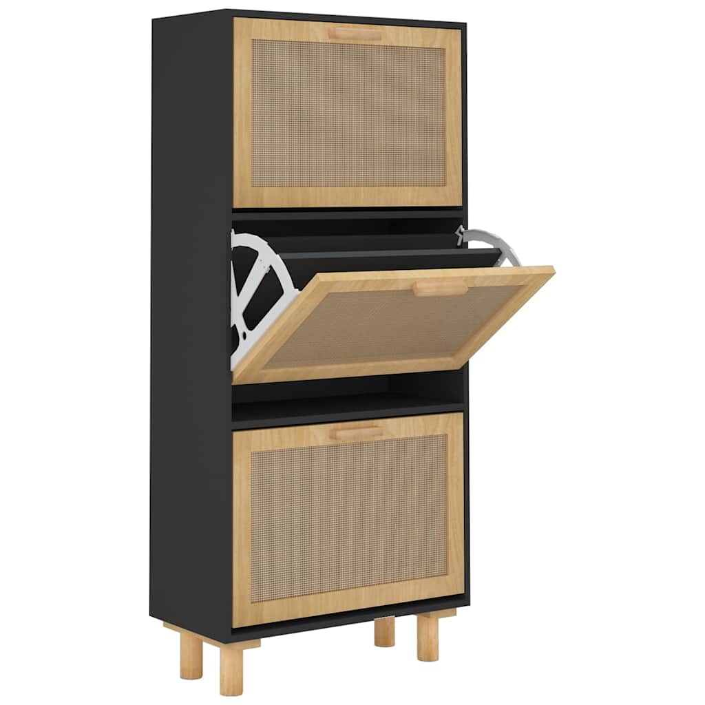 fekete szerelt fa és természetes rattan cipőszekrény 52x25x80cm