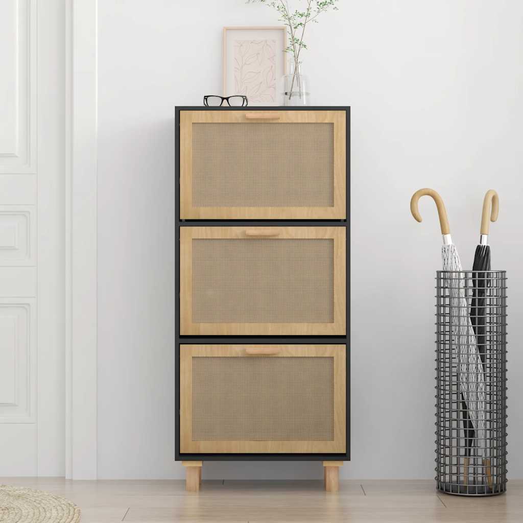 fekete szerelt fa és természetes rattan cipőszekrény 52x25x80cm