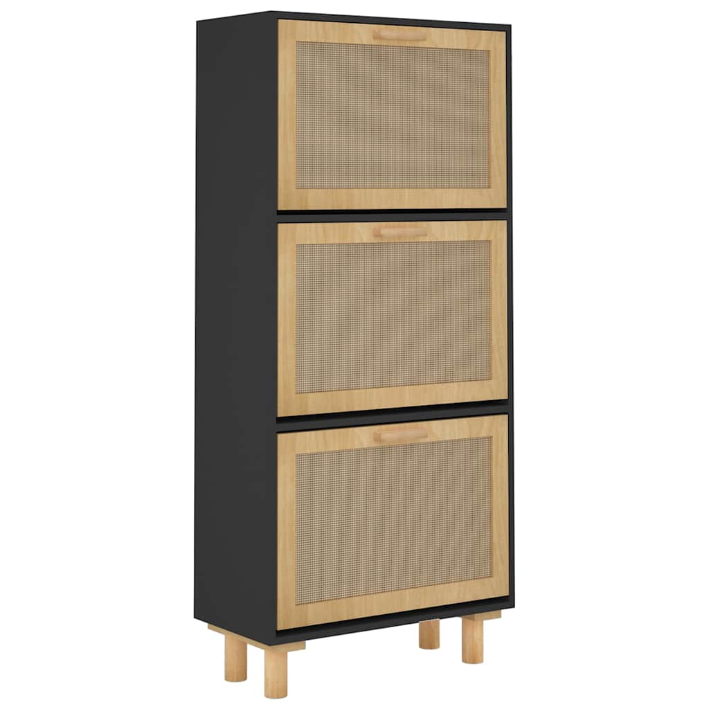 fekete szerelt fa és természetes rattan cipőszekrény 52x25x80cm