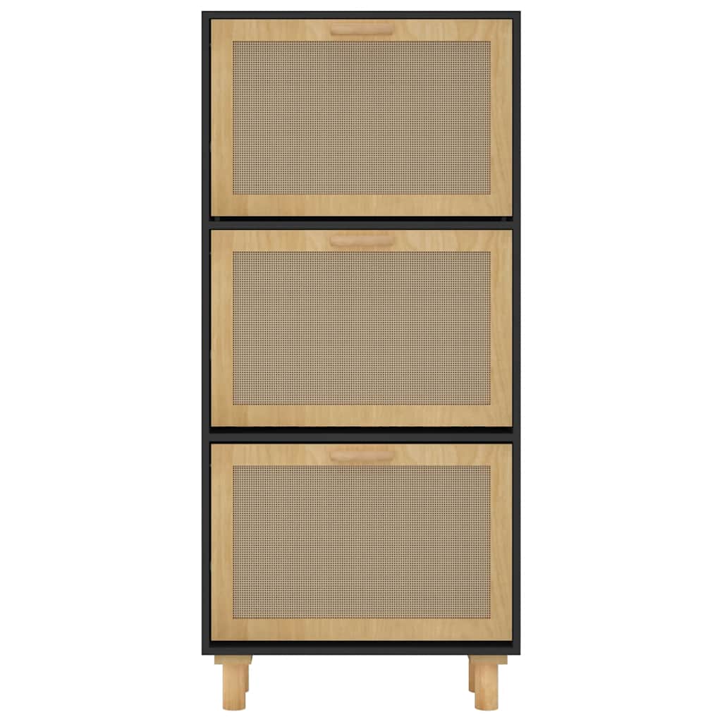 fekete szerelt fa és természetes rattan cipőszekrény 52x25x80cm