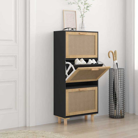 fekete szerelt fa és természetes rattan cipőszekrény 52x25x80cm