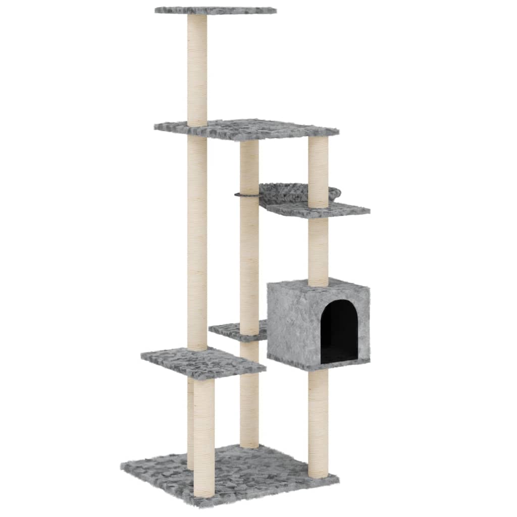 világosszürke macskabútor szizál kaparófákkal 142 cm