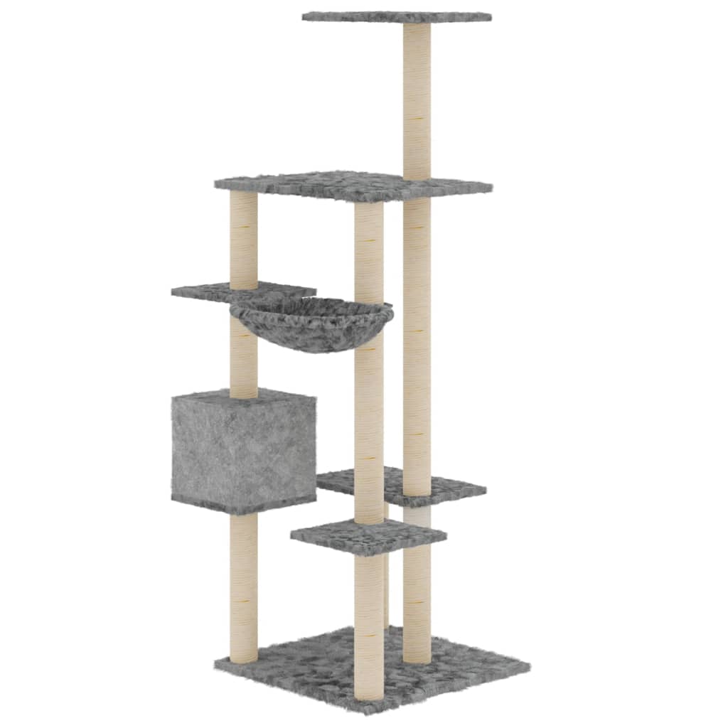 világosszürke macskabútor szizál kaparófákkal 142 cm