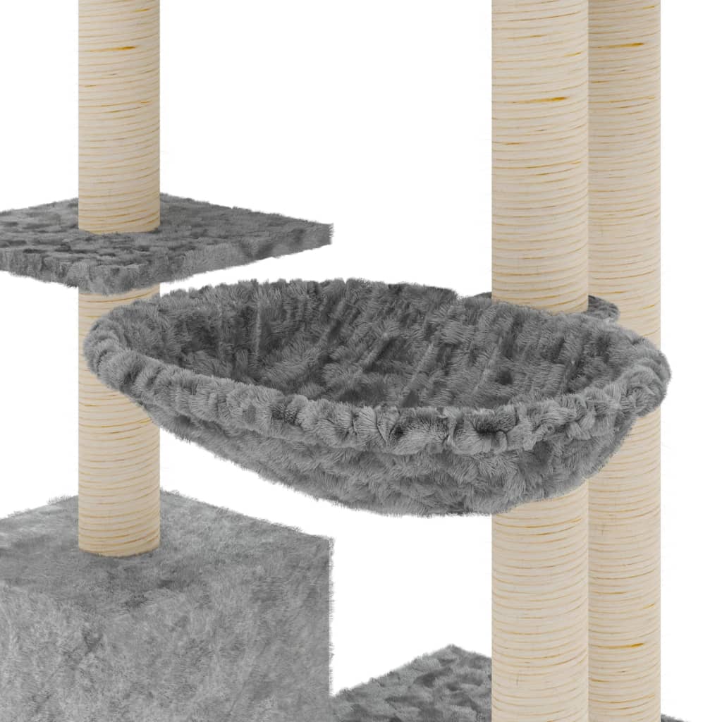 világosszürke macskabútor szizál kaparófákkal 142 cm