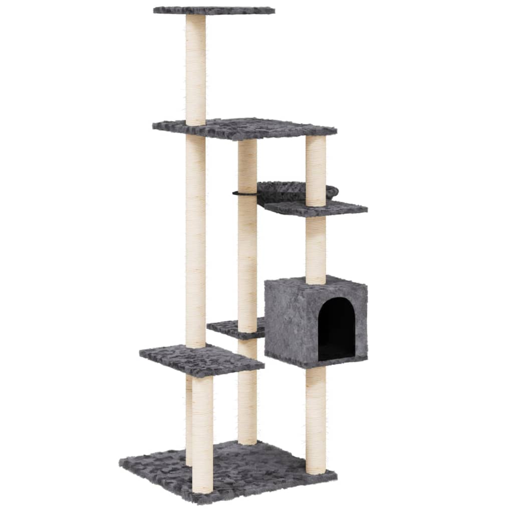 sötétszürke macskabútor szizál kaparófával 142 cm