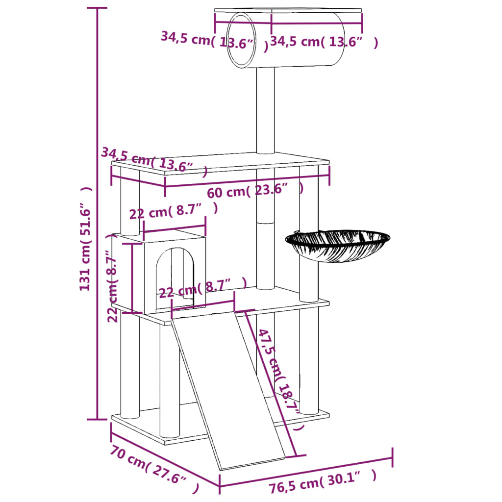 világosszürke macskabútor szizál kaparófákkal 131 cm