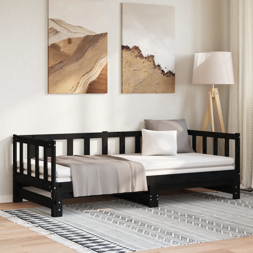 fekete tömör fenyőfa kihúzható kanapéágy 2x(90x190) cm