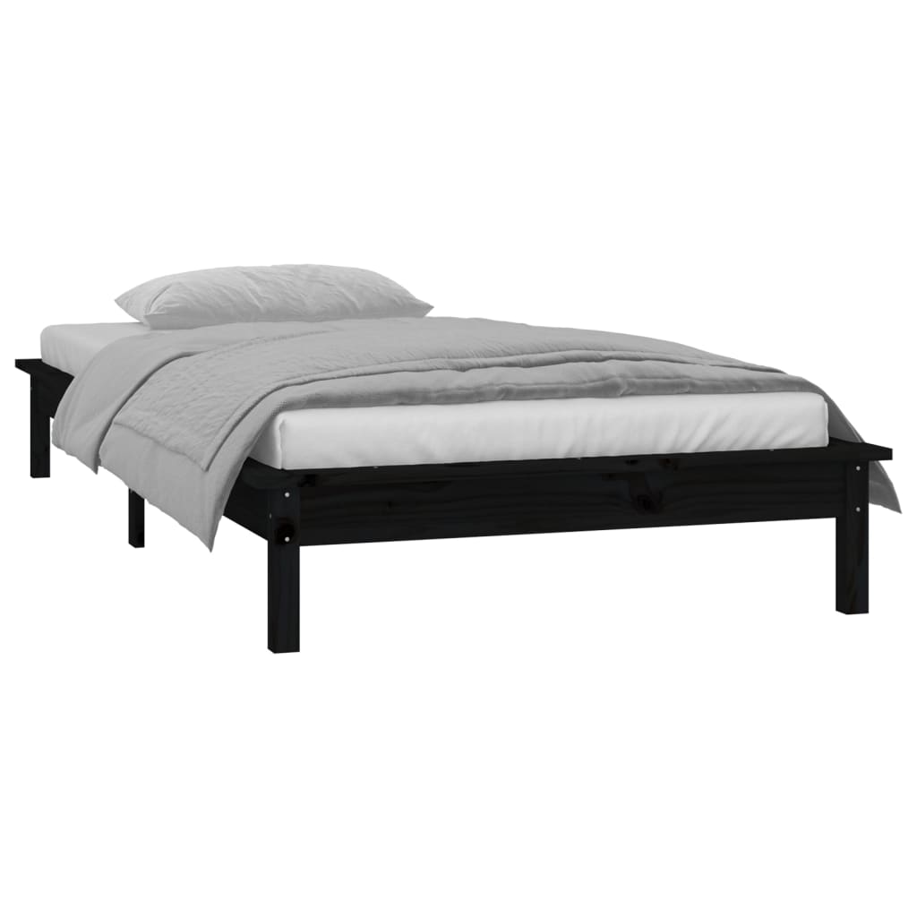 fekete tömör fa ágykeret LED-világítással 90 x 200 cm