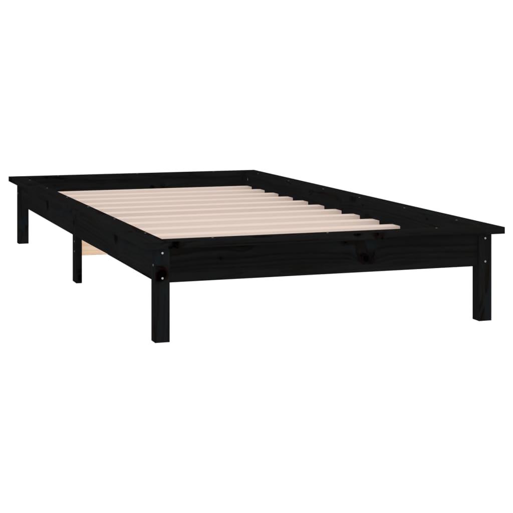 fekete tömör fa ágykeret LED-világítással 90 x 200 cm
