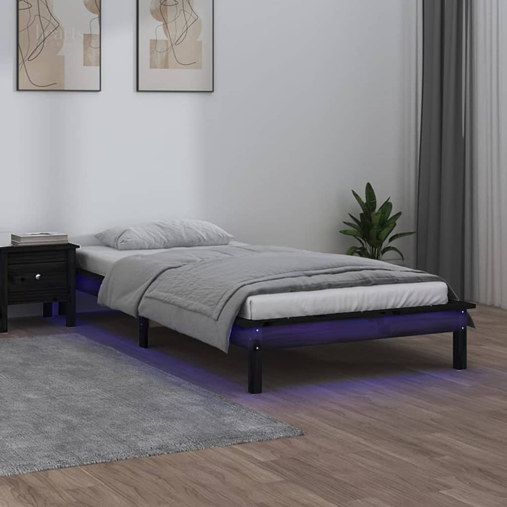 fekete tömör fa ágykeret LED-világítással 100 x 200 cm
