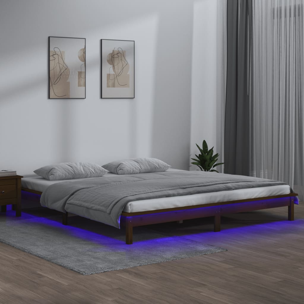 mézbarna tömör fa ágykeret LED-világítással 160 x 200 cm