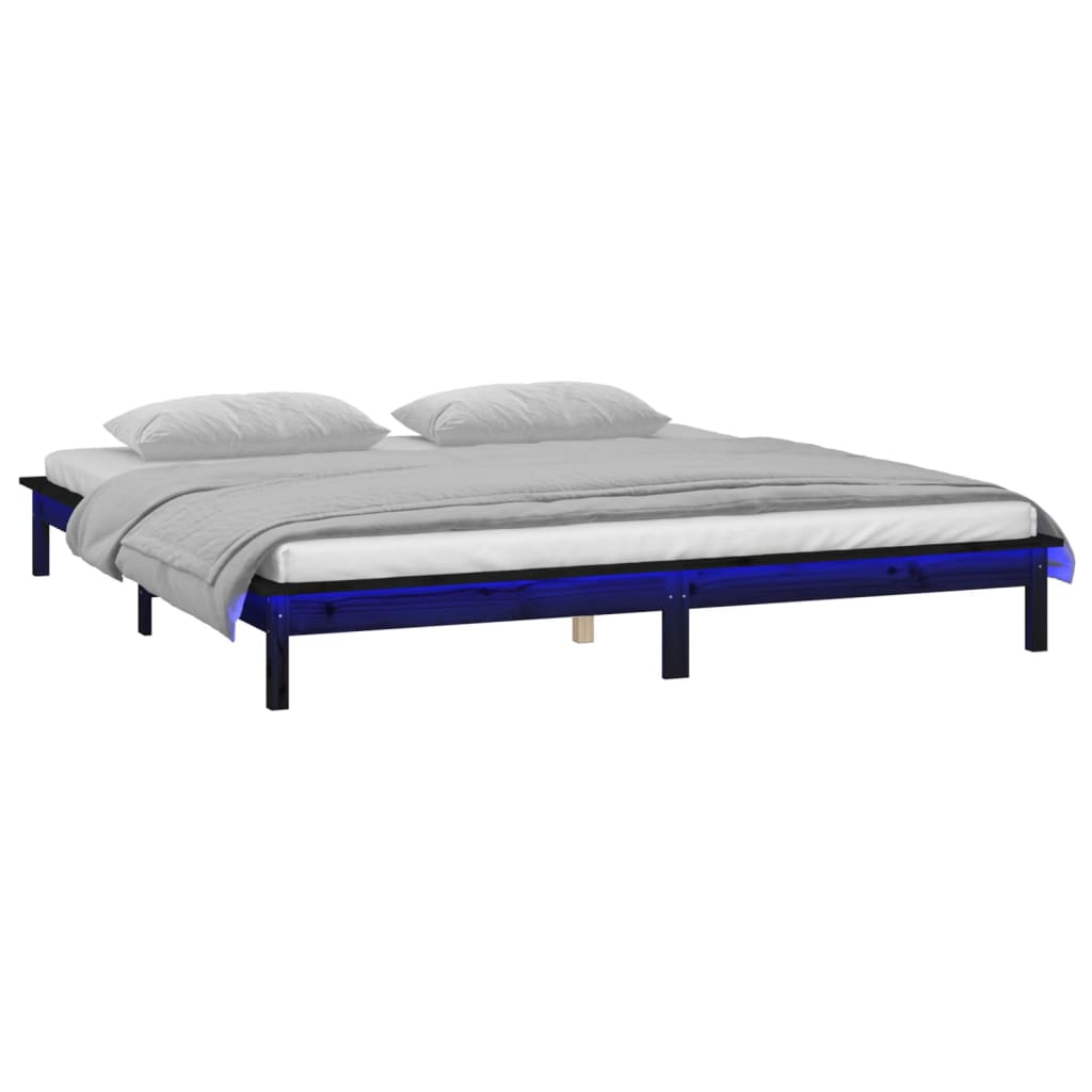 fekete tömör fa ágykeret LED-világítással 200 x 200 cm