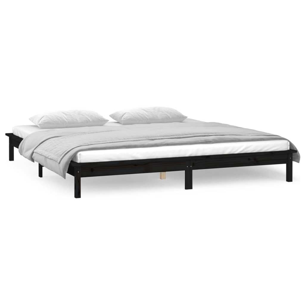 fekete tömör fa ágykeret LED-világítással 200 x 200 cm