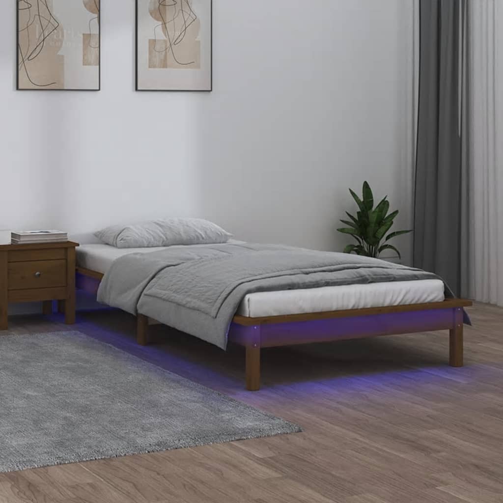 kis egyszemélyes mézbarna tömör fa LED-es ágykeret 75 x 190 cm