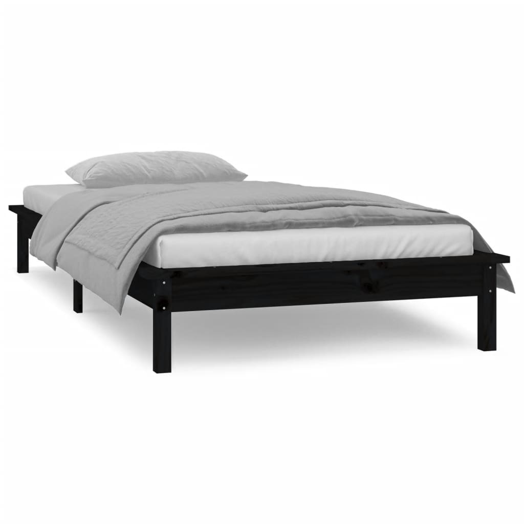 kis egyszemélyes fekete tömör fa LED-es ágykeret 75 x 190 cm