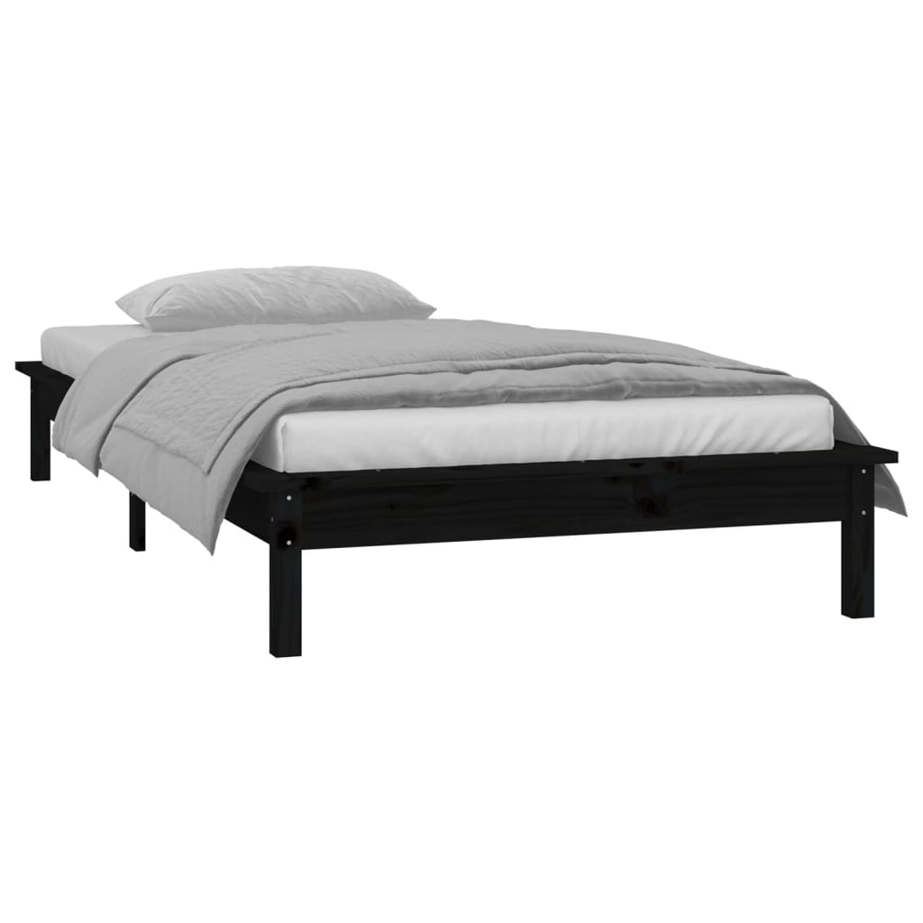 kis egyszemélyes fekete tömör fa LED-es ágykeret 75 x 190 cm
