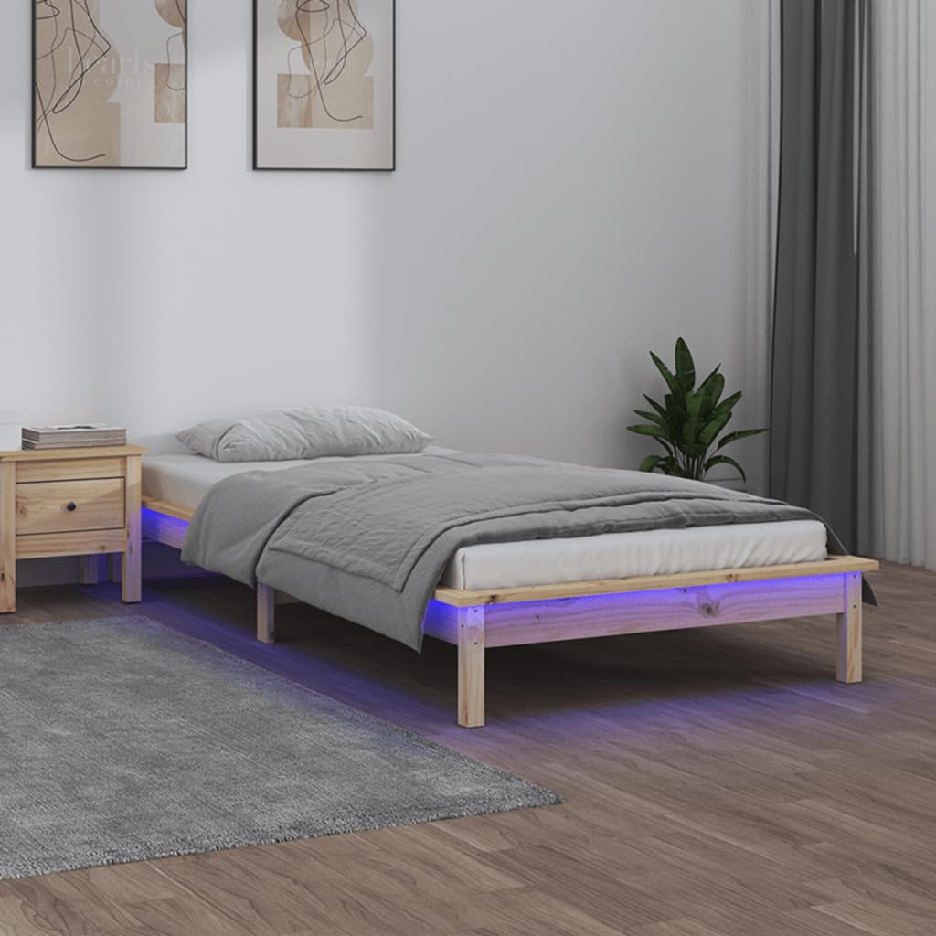 egyszemélyes tömör fa LED-es ágykeret 90 x 190 cm