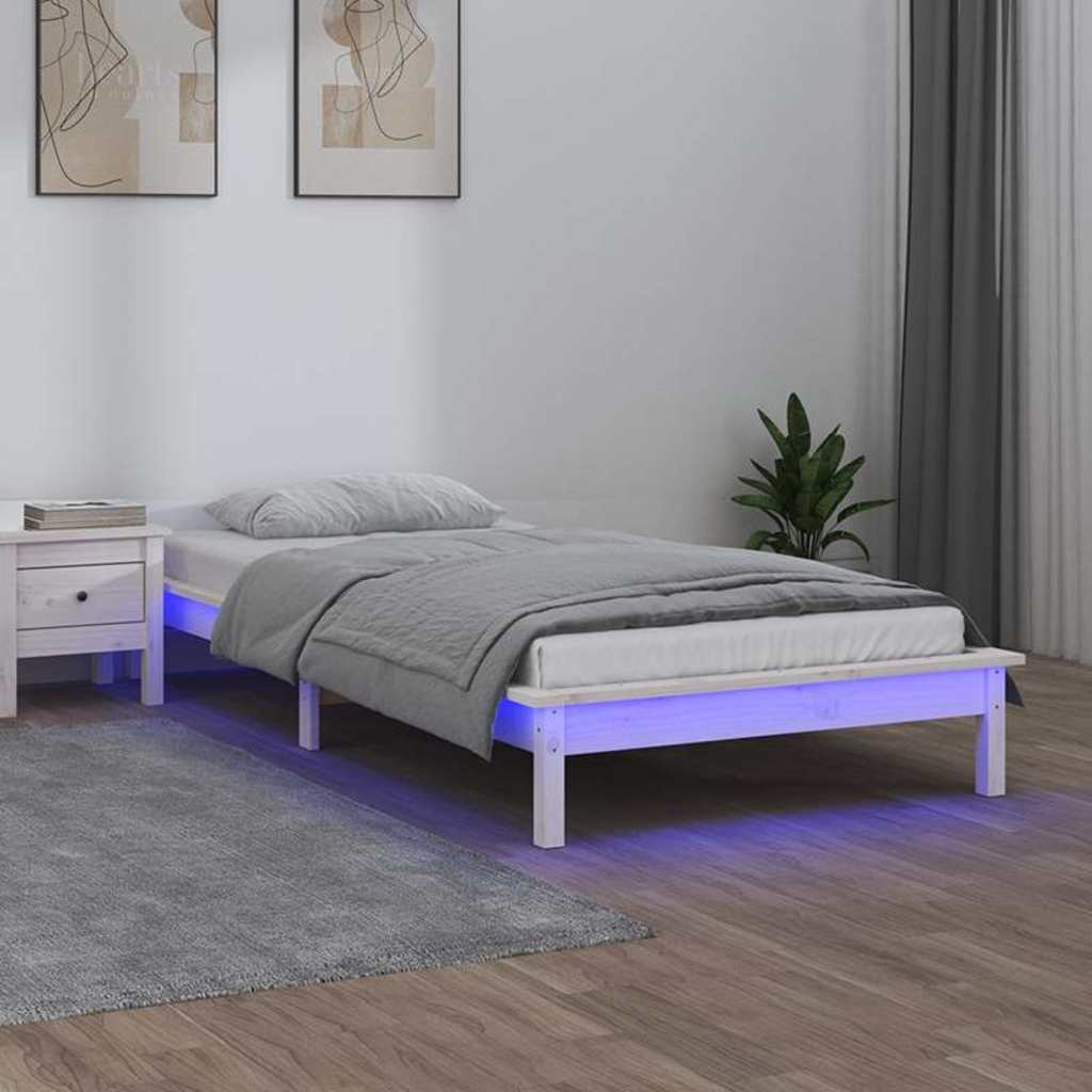 egyszemélyes fehér tömör fa LED-es ágykeret 90 x 190 cm