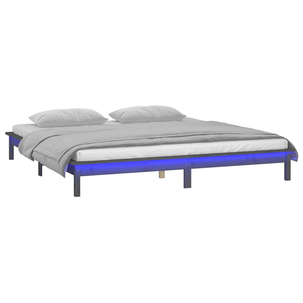 kis kétszemélyes szürke tömör fa LED-es ágykeret 120 x 190 cm