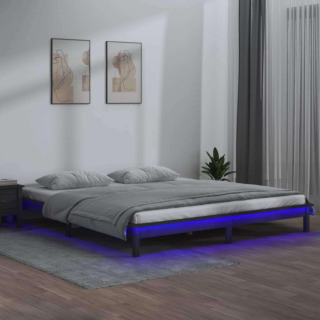 kis kétszemélyes szürke tömör fa LED-es ágykeret 120 x 190 cm