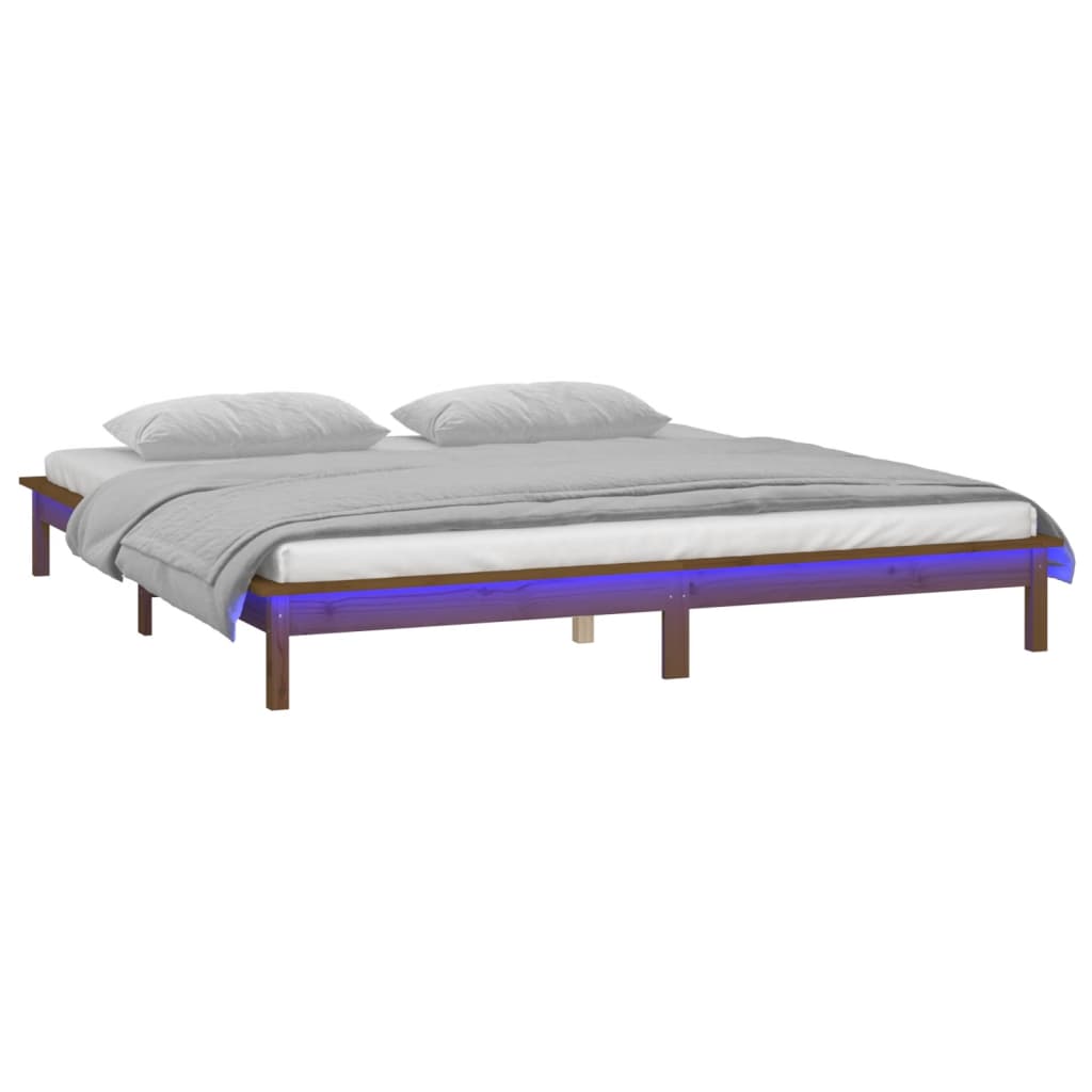 kis kétszemélyes mézbarna tömör fa LED-es ágykeret 120 x 190 cm